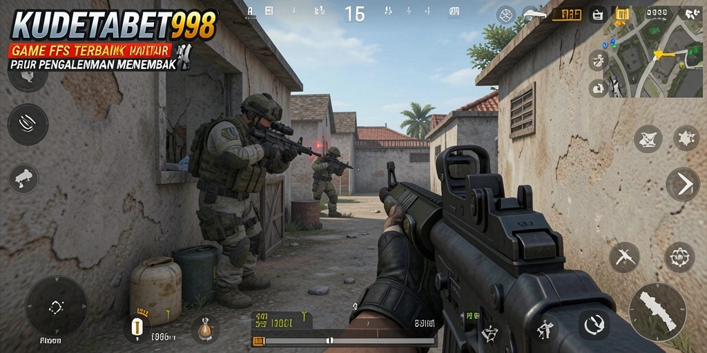Screenshot utama menampilkan aksi intens dalam gameplay FPS.
