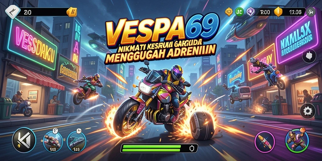 Tampilan gameplay seru saat berkendara menggunakan Vespa klasik.